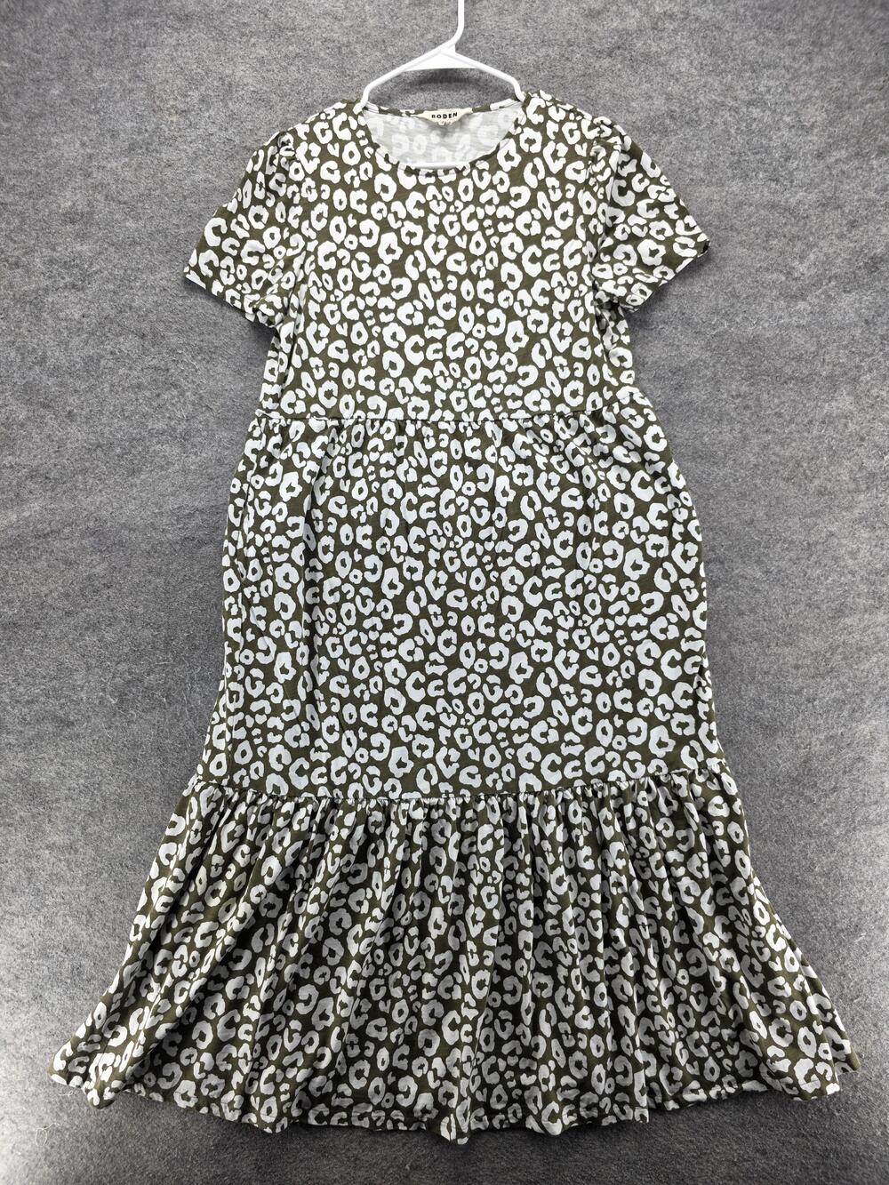 Boden Dress Womens 10 Green Fit & Flare Midi Animal Print Ruffle Short Sleeve